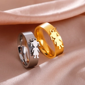 Stainless Steel Little Girl Pendant Wide Band Ring For Women Gold Silver Plated Polished Cute Charm Finger Jewelry Finger Ring