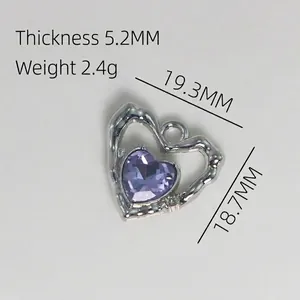 Lava texture silver heart pendant with large purple gemstone and measurement specs