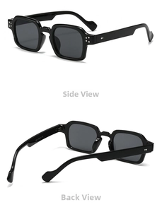 Detail of black thick frame sunglasses showing temple model 5557 and size parameters