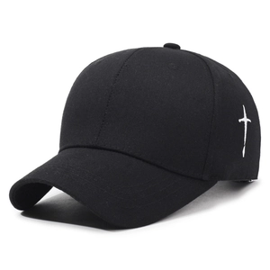 Classic black cotton baseball cap with white cross embroidery and curved brim for sun protection