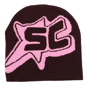 Hip-hop style dark brown knitted beanie with pink jacquard SC letter pattern