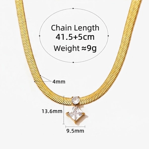 Gold stainless steel snake chain necklace with square zircon pendant and 41.5+5cm length
