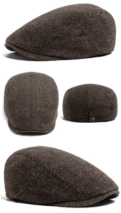 Detailed views of vintage herringbone flat cap featuring adjustable metal back buckle