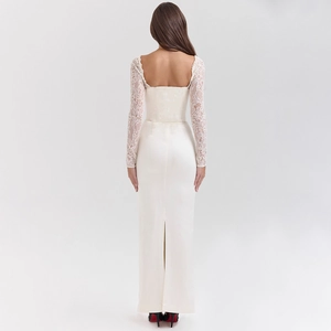 Detail of white long sleeve dress featuring an elegant backless design with lace sleeves