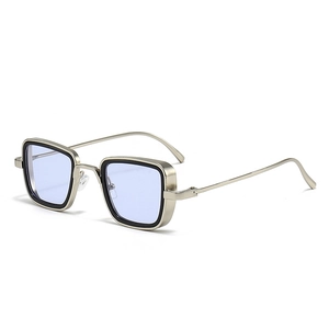 Retro square metal sunglasses with light gold frames, blue lenses and thick side shields