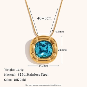 18K gold plated stainless steel square flower pendant necklace with blue zircon gem