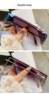 Detail view of rimless rivet sunglasses with purple gradient lenses and silver metal studs