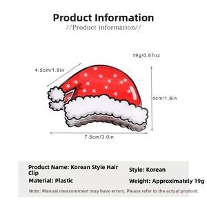 Detailed view of red Christmas hat hair claw clip with size dimensions and star pattern