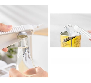 Dual-function opener detail showing how to twist off bottle caps and lift soda can tabs
