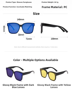 Detailed size guide for polarized night vision sunglasses with PC frame measurements