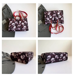 Detailed views of quilted skull tote with purple flowers and red handles from four angles