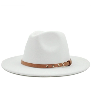 Detail view of the brown leather belt buckle with gold studs on a white wool fedora hat