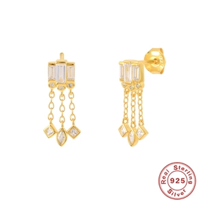 Detailed macro view of S925 sterling silver tassel earrings with zircon and gold plating