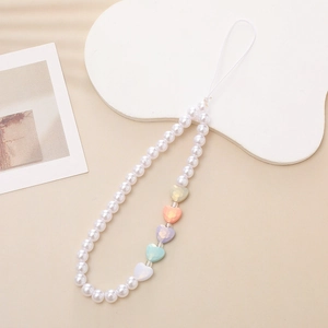 Handmade beaded phone charm with white pearls and colorful heart beads for security