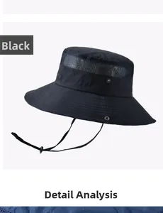 Detail of black outdoor sun hat featuring breathable mesh panels and adjustable wind cord