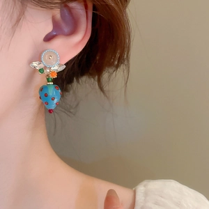 Fresh resin blue strawberry earrings with colorful beads and versatile dual-wear design