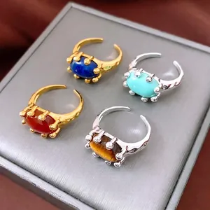 Vintage Adjustable Open Ring Women 18K Gold Plated Copper Oval Natural Stone Turquoise Lapis Lazuli Hammered Boho Style