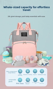 Internal compartments of pink and gray diaper bag showing storage for baby supplies