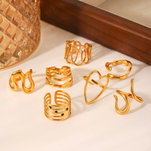 Minimalist 18K gold-plated stainless steel ring set with heart and wave designs