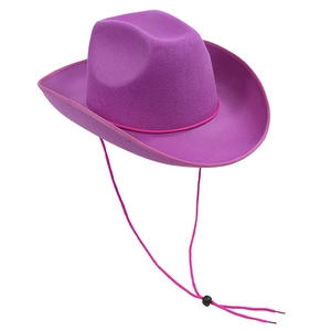 Detail eines magentafarbenen Cowboyhutes mit breiter Krempe und pinkfarbener Kordel