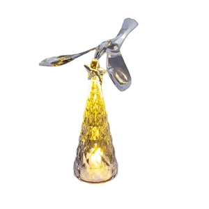 Luminous crystal glass Christmas tree with flying bird ornament and warm LED lighting