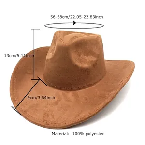 Brown faux suede western cowboy hat with sizing details for 56-58cm head circumference