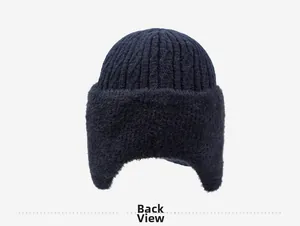 Back view of men's winter knit beanie with warm plush earflaps in navy blue
