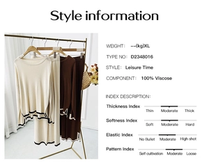 Size chart and fabric details for women's knit sweater set including 100% viscose material info