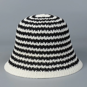 Women Knitted Stripe Bucket Hat Contrast Color Breathable Hollow Out Foldable Sun Hat Japanese Style Casual Outdoor