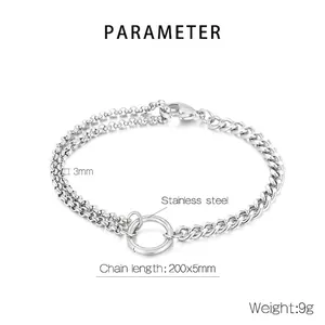 Minimalist double layer stainless steel chain bracelet for men with silver round links