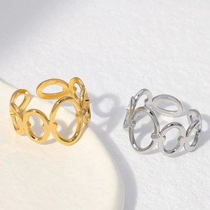Minimalist open adjustable stainless steel rings with geometric hollow oval link design