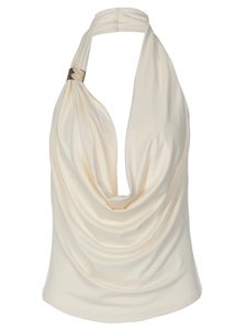 Top élégant dos nu en satin crème avec licou, décolleté en V et détail anneau métal