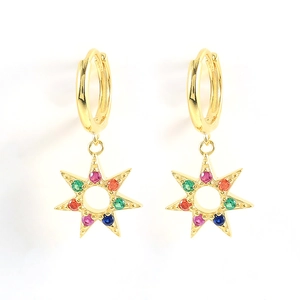 Detailed view of gold hoop earrings featuring multi-color gemstone star-shaped charms