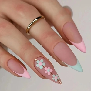 French Almond Press On Nails Matte Long Artificial Nails With 3D Floral Design Pink Blue Gradient Elegant Ins Style