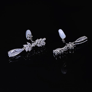 Elegant long drop clip-on earrings with teardrop zircons and S925 silver finish