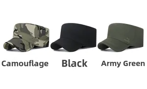 Detailed view of camouflage, black, and army green flat top cotton caps with FS embroidery
