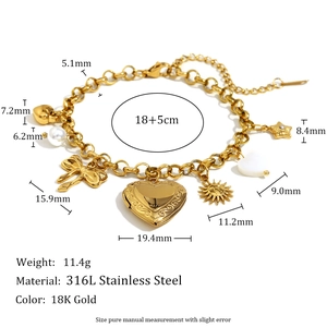 Detailed size specifications for 18K gold plated stainless steel heart charm bracelet
