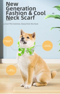 Dettaglio di un Shiba Inu con collare refrigerante verde e fantasie di rane cartone