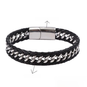 Black woven microfiber bracelet with stainless steel buckle, 21cm length for men