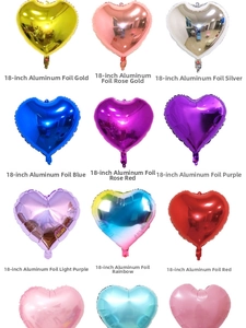 Detailed 18 inch heart foil balloons displayed in 12 vibrant metallic and pastel colors
