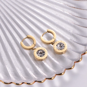 14K gold plated titanium steel hoop earrings with Roman numerals and round zircon stone