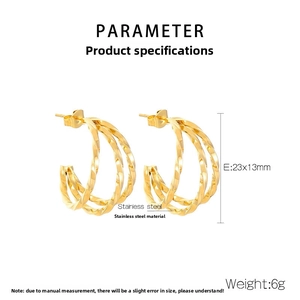 Macro detail of triple-layer gold C-shaped earrings with product dimensions and specs