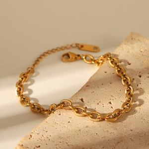 Textured 18K gold plated stainless steel chunky oval link chain bracelet for women