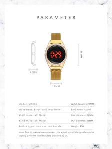 Detailed size specifications for women's LED touch watch with magnetic mesh band