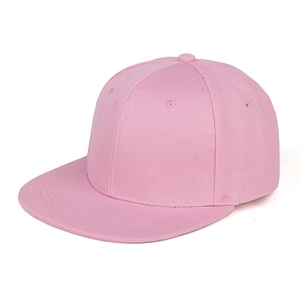 Detail of pink cotton hip hop snapback cap showing flat brim and six-panel stitching
