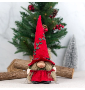 Detail of Christmas gnome with embroidered pointed hat and festive white beard decor