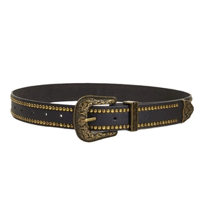 Cintura punk vintage in pelle nera con fibbia intagliata in bronzo e borchie in metallo