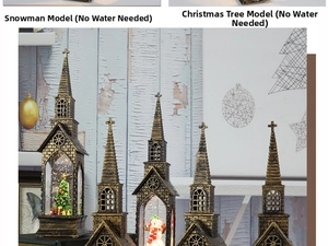 Waterless Christmas lantern with snowman and Xmas tree in vintage bronze church design