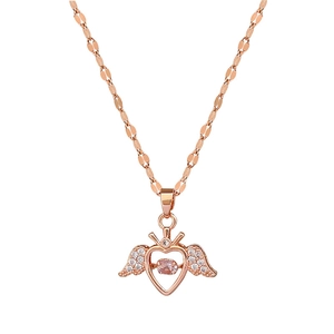 Sparkling angel wings heart necklace in rose gold finish with pink central gemstone
