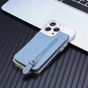Detail of light blue woven leather card holder with silver zipper on phone case